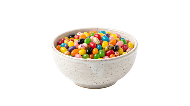 Colorful jelly bean candy in white ceramic bowl on white background