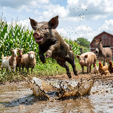 Pig jumping into a muddy puddle on a farm.