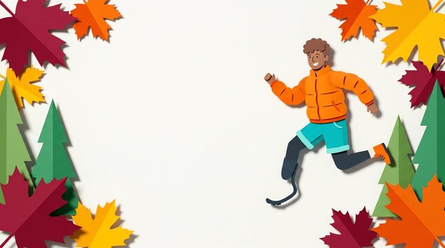 3D layered papercut illustration of a happy teenager with a running blade prosthetic leg jogging amidst colorful autumn leaves frame