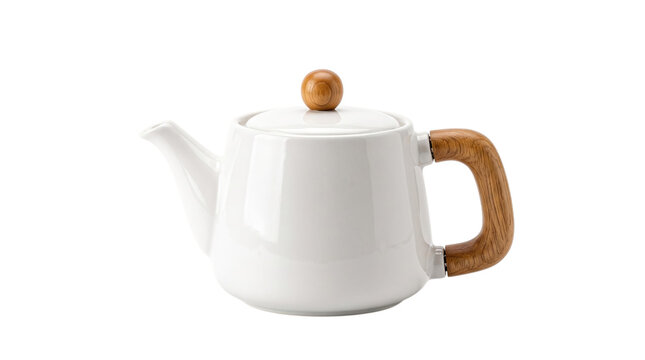 White ceramic teapot with wooden handle isolated on white background