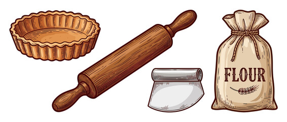 Baking tools and ingredients isolated on transparent background