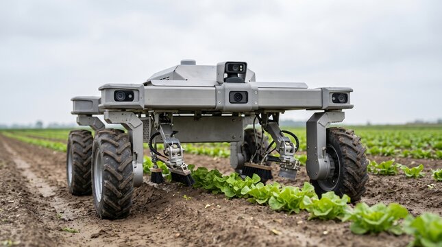 Autonomous Weeding Robot Straddling a Row of Young Lettuce Showing Precision Farming