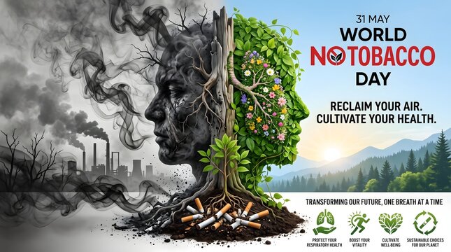 World No Tobacco Day concept illustration with tree and cigarettes