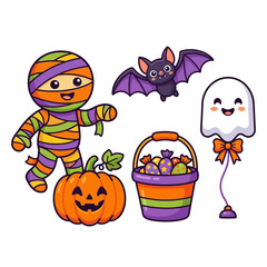 Fototapeta premium Cute Halloween Characters Collection: Mummy, Ghost, Bat, and Candy Bucket_vector illustration set for holiday designs, party invitations, and treating bags isolated on White Background Halloween