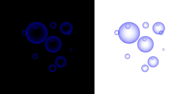 Set of blue transparent floating bubbles on black and white backgrounds	