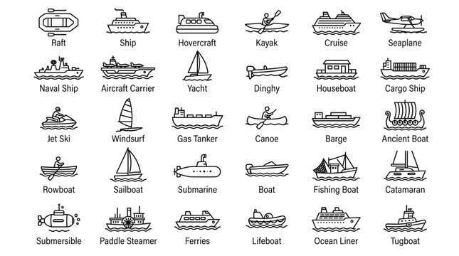 Watercraft boat and maritime transportation line vector icon set featuring ship sailboat submarine kayak cargo ship cruise symbols