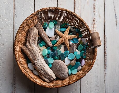 coastal treasures in woven basket with driftwood and sea glass top view