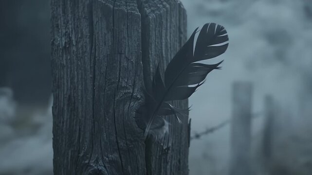 Cinematic 4K Slow Motion of a Dark Crow Feather Swaying in a Weathered Wooden Post in a Spooky Misty Field with Barbed Wire
