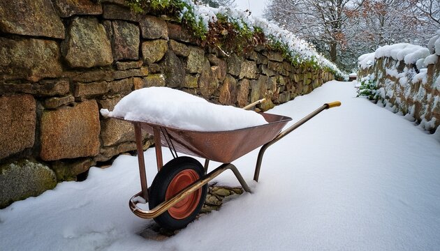 rustic wheelbarrow with snow in a garden path next to stone wall