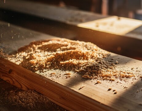 sunlit wood dust and sawdust on plank in rustic workshop background