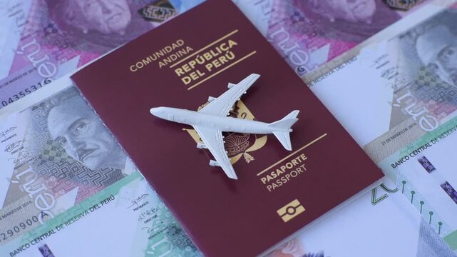 Peru, peruvian passport or id document with tickets for flight, border crossing. Peruvian passport
