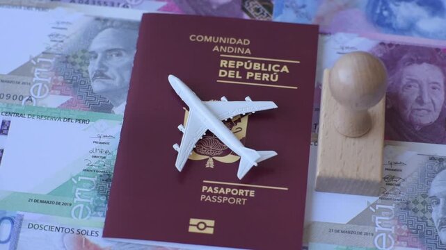 Peru, peruvian passport or id document with tickets for flight, border crossing. Peruvian passport