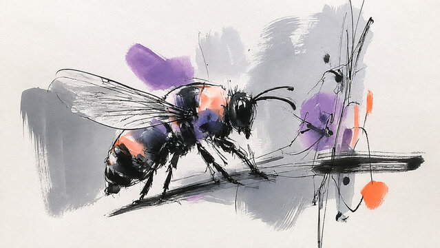 Expressive bee illustration with abstract purple accents