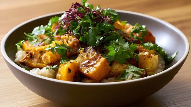 A bowl of roasted pumpkin over rice topped with fresh green herbs and purple microgreens on a wooden surface