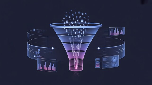 A glowing blue geometric network funnel illustrates a digital data filtering process in a futuristic business concept