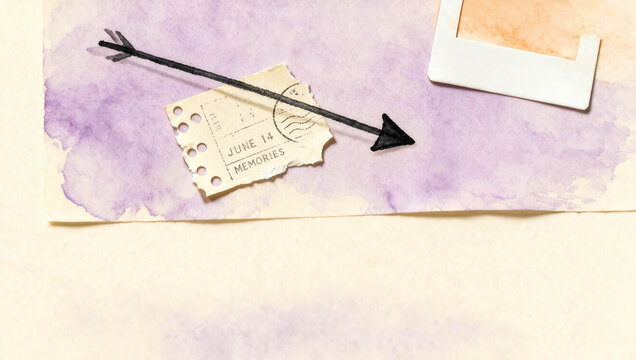 Purple watercolor background with soft texture. Black arrow rests atop vintage ticket stub. Ticket bears handwritten phrase "J'aime la memoire". Composition evokes nostalgia and memory