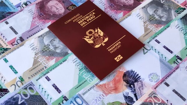 Peru, peruvian passport or id document with tickets for flight, border crossing. Peruvian passport