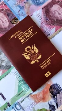 Peru, peruvian passport or id document with tickets for flight, border crossing. Peruvian passport