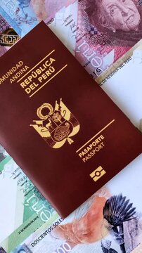 Peru, peruvian passport or id document with tickets for flight, border crossing. Peruvian passport