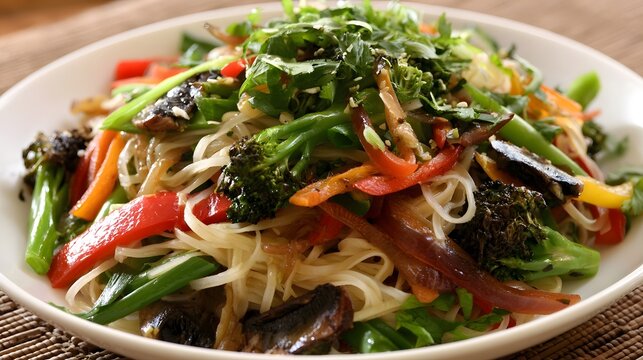 A vibrant stir fry dish featuring rice noodles mixed with colorful vegetables including broccoli  bell peppers  and green onions