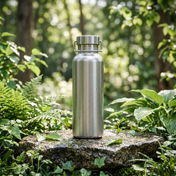  Stainless Steel Water Bottle in Natural Outdoor Setting,
Reusable Metal Water Bottle for Outdoor Lifestyle, Silver Hydration Bottle Surrounded by Greenery

