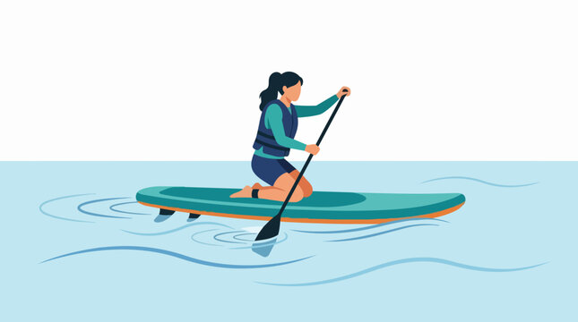 Active Woman Kneeling on Stand Up Paddleboard Enjoying Outdoor Water Sports on Calm Blue Sea with Paddle and Life Vest.