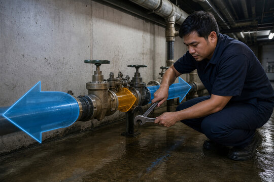 Mechanical Technician Servicing Basement Backflow Preventer