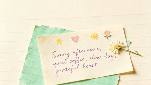 Soft sunlight bathes a handwritten note. Cute stickers add charm to the message. Words whisper calm, gratitude, and peace. White flower rests beside the note. Green paper cradles the message beneath