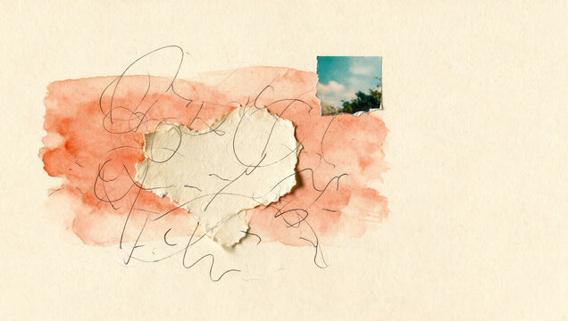 Watercolor heart painted with soft coral hues. Handwritten script flows around the torn center. Tiny photo of sky and trees sits atop the design. Vintage paper texture frames the entire composition