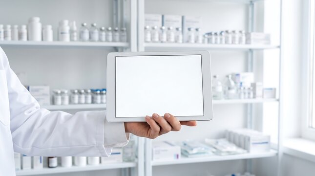 Pharmacist showing digital tablet with copy space in pharmacy