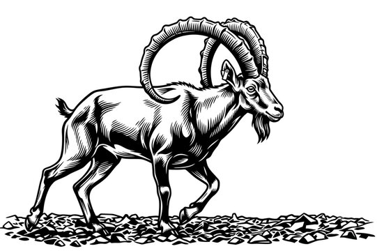 Mountain goat ibex buck vector illustration in black and white