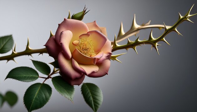 close up of a thorny rose stem with leaves and a flower botanical detail for floral design or nature themes