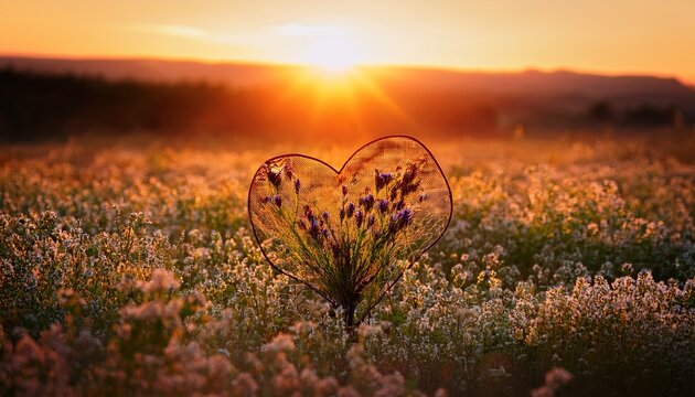 cracked heart sprouting plant amid flowers at sunrise field