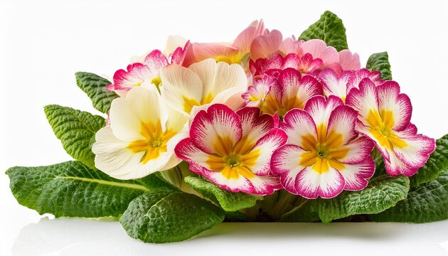 pink yellow white primrose bouquet isolated on white background