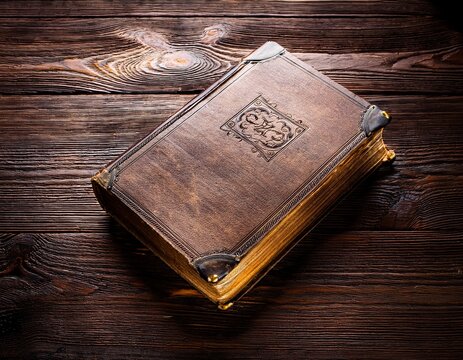 old hymnal book resting on dark textured wooden surface