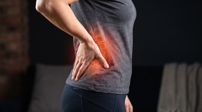 Woman holding lower back in pain, lumbar spine anatomy overlay showing vertebrae inflammation and muscle strain, chronic backache concept for medical treatment or physiotherapy