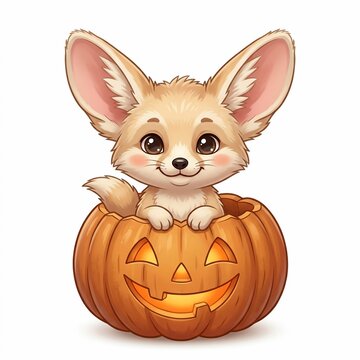 Cute cartoon fennec fox in Halloween pumpkin jack-o-lantern