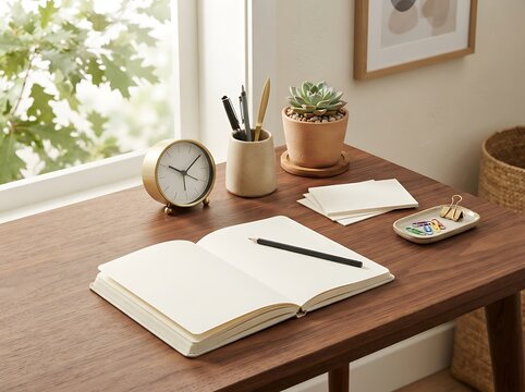 Cozy Wooden Office Desk with Open Notebook and Stationery Setup