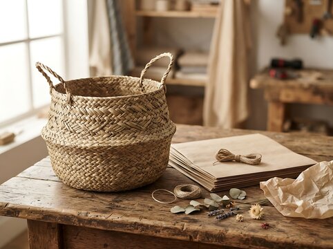 Handmade Woven Basket and Craft Supplies on Rustic Wooden Table