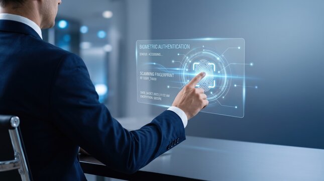 Businessman scanning fingerprint on futuristic transparent screen for biometric authentication, demonstrating cybersecurity, identity verification, and high-tech security access