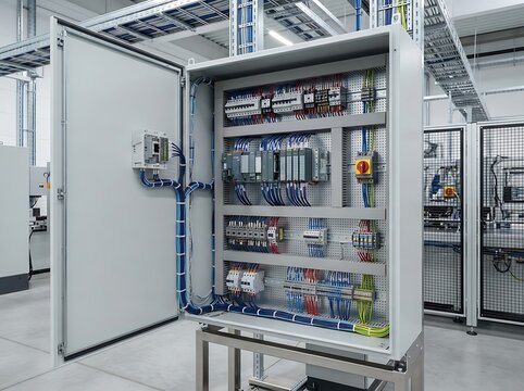 Open Industrial Electrical Control Panel with Wiring in Factory