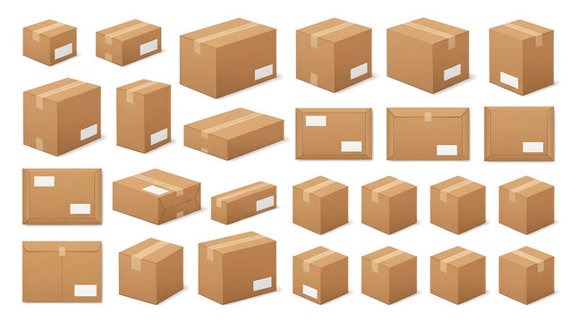 Big set of isometric cardboard shipping boxes and craft paper envelopes isolated on white background, brown carton parcel mockup for delivery and logistics