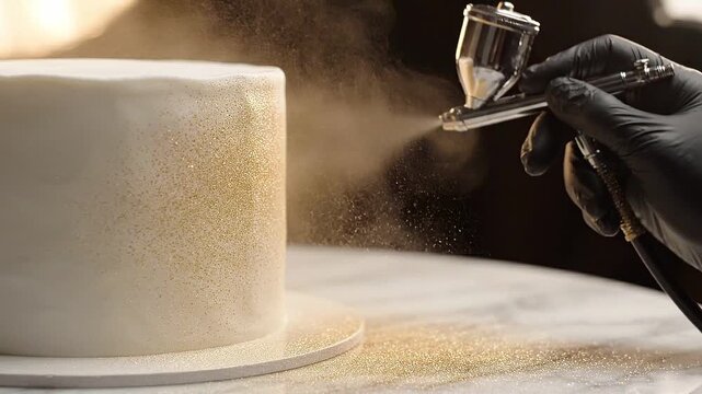 Craftsperson airbrushing a white cake with gold edible dust, showing the progressive decoration process for custom pastry design and celebration dessert
