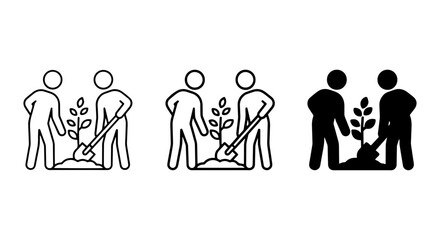 Fototapeta premium Teamwork Planting Tree Icons, Community Gardening Vector Graphics, Environmental Care Symbols