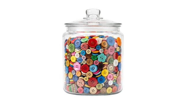 Clear glass jar filled with assorted colorful sewing buttons