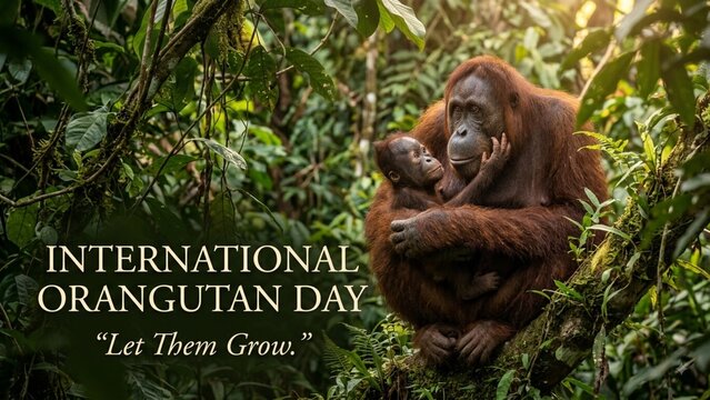 International Orangutan Day banner showing an orangutan mother and baby in a lush tropical rainforest, symbolizing care and conservation