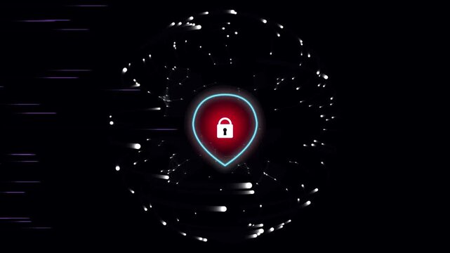 Digital shield icon with glowing particles revolving around central core tech graphic.