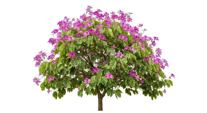 A full Bauhinia purpurea tree featuring unique butterfly shaped leaves and vibrant purple flowers isolated on a clean white background, petals, green, bauhinia purpurea