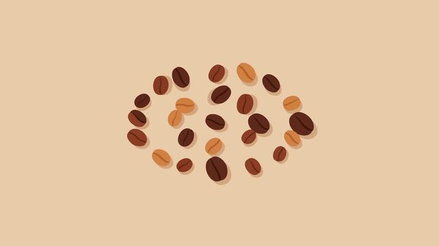 Coffee beans expand outward from a central cluster and return on a warm beige background, creating a smooth bloom animation ideal for cafe branding, menu visuals, food promos, and beverage backdrops.