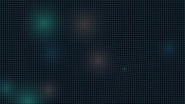 Grid distortion effect showing spacetime warping motion on dark abstract background.